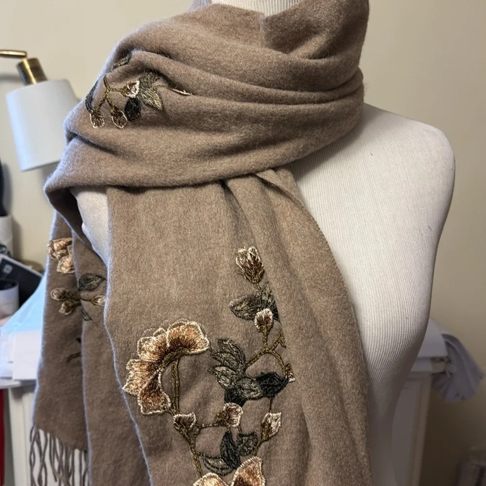 Embroidered 3D Floral Tan Wool Scarf, new